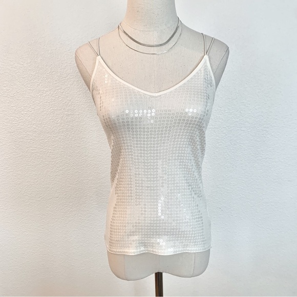 Express White Sequin Strappy V-Neck Cami - Picture 1 of 12